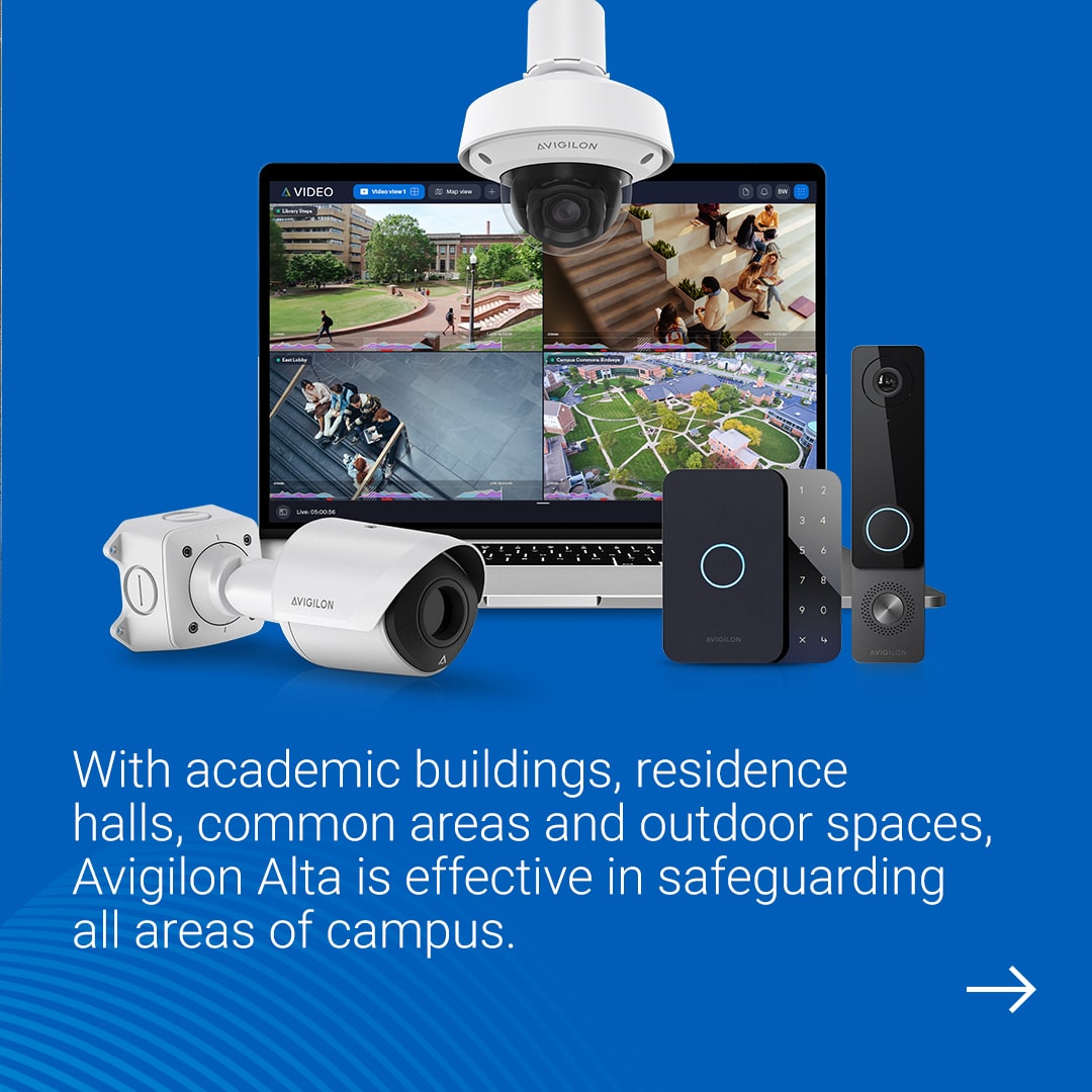 Avigilon Alta cloud video surveillance system monitoring campus buildings, residence halls, and outdoor areas